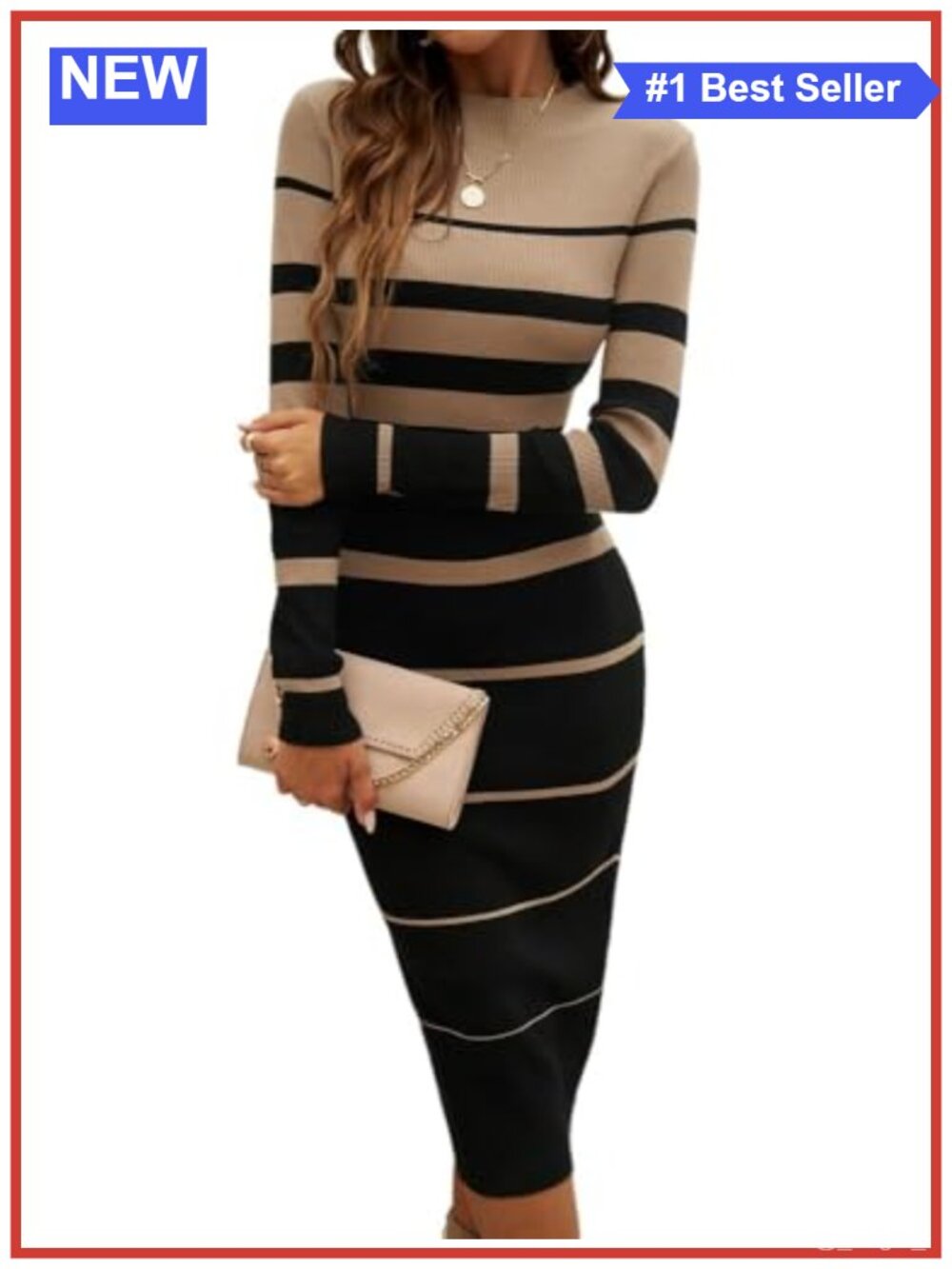 Women's Striped Long Sleeve Bodycon Midi Ribbed Knit Sweater Dress